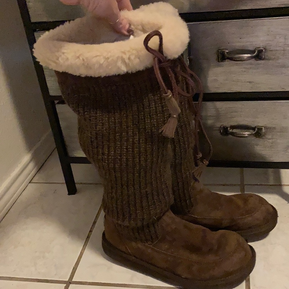 Tall dark brown sweater Ugg Boots with leather ties